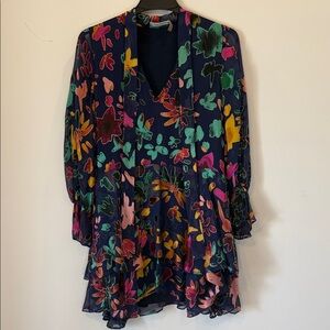 Alice + Olivia Navy Floral Tie-Neck Blouse Moore Burnout Dress